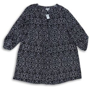 NWT AVENUE BUTTON FRONT SCROLL‎ PRINT ROLL-TAB SLEEVE TUNIC BLACK/WHITE 18/20